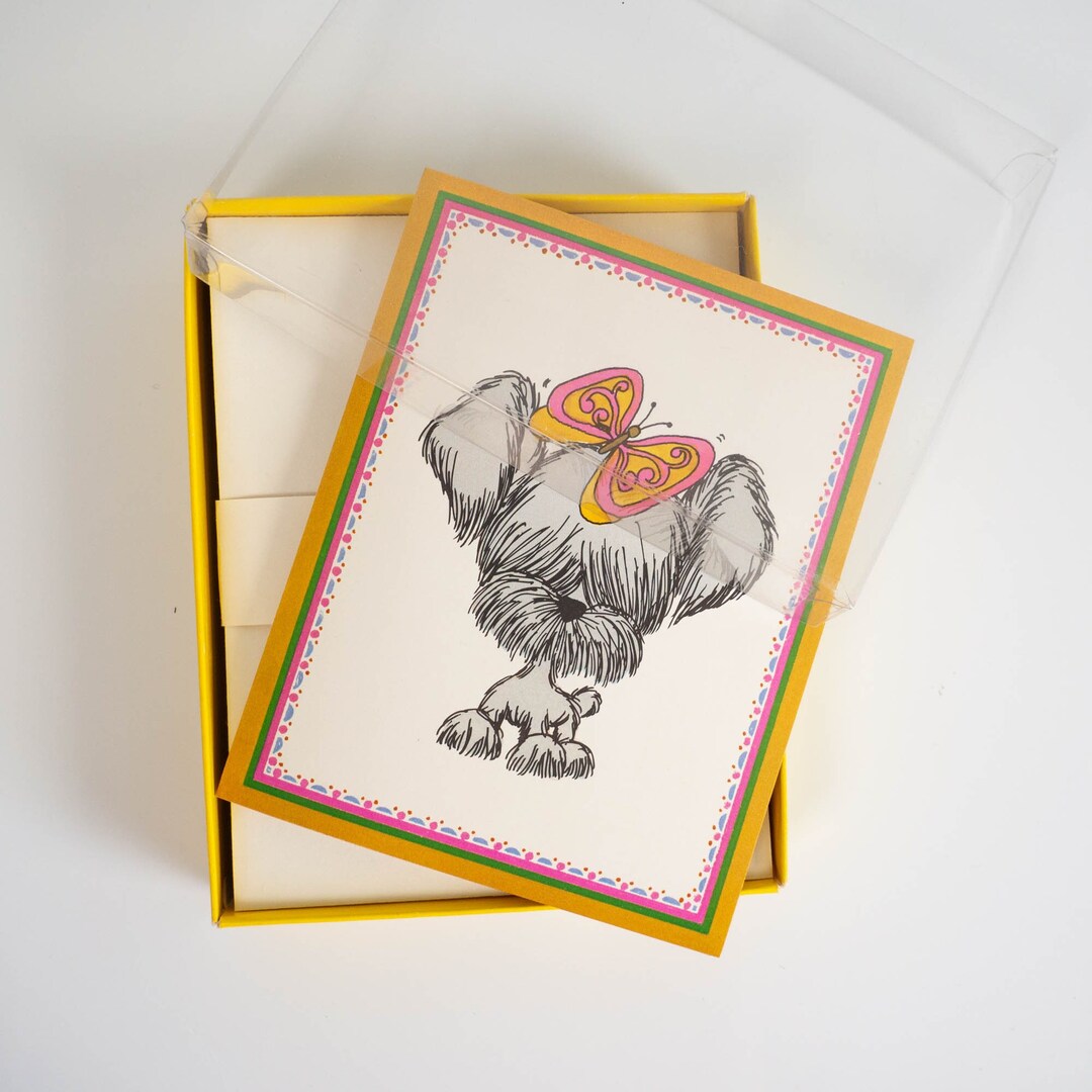 Vintage 70s Butterfly Puppy Dog Note Cards Boxed Set Artist Anne