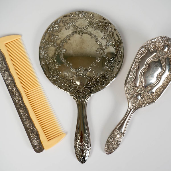 Vintage Vanity Set - Silver Plate Brush, Comb and Mirror Dresser Set