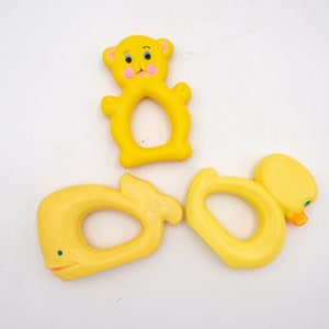 Vintage Celluloid Baby Rattles Yellow Whale, Duckling and Teddy Bear Plastic Baby Toys Gender Neutral image 3