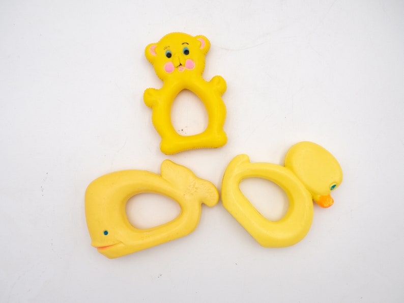 Vintage Celluloid Baby Rattles Yellow Whale, Duckling and Teddy Bear Plastic Baby Toys Gender Neutral image 3