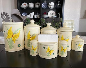 Vintage 8 PC Ceramic Butterfly Kitchen Canister Set - Four Canisters, Utensil Crock, Napkin Holder and Salt & Pepper Shakers