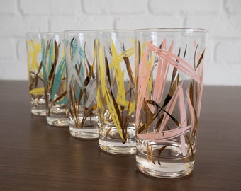 Fred Press Signed Mid Century Modern Wheat Pattern Glassware Set of Five Highball Glass Tumblers