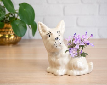 Vintage White Scottie Dog Ceramic Animal Planter, Windowsill Small Plant Pot