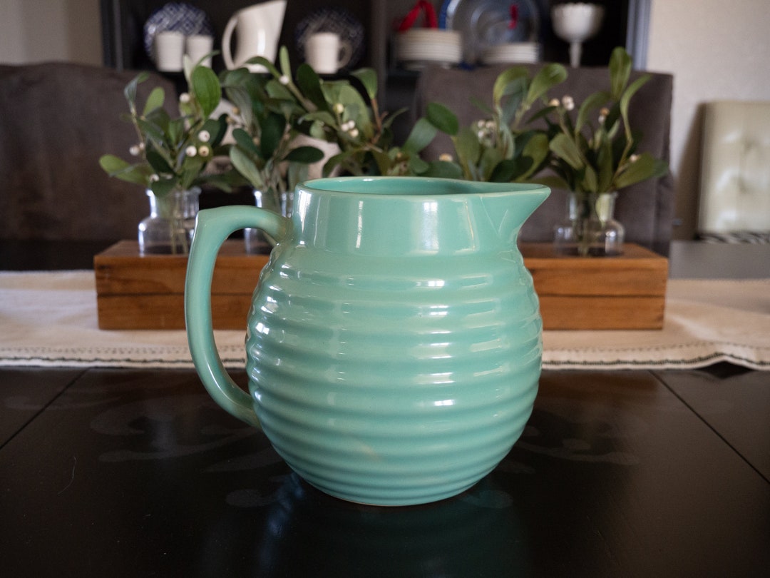 Vintage Over and Back Yellow Ware Pottery Beehive Pitcher Mint Etsy