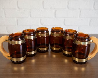 Siesta Ware Amber Glass Barrel Mugs - Set of Six - Retro Barware Beer Steins