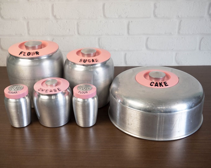 Pink Kromex Spun Aluminum Kitchen Ware Canister Set, Cake Dome, Shakers