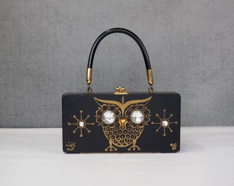 Vintage 60s Enid Collins Night Owl Box Purse Black