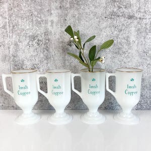 Federal Milk Glass Irish Coffee Mug Set, Gold Rims Green Shamrock, Retro Farmhouse Chic Glassware Set, St. Patrick&#39;s Day