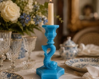 Vintage Opalescent Blue Milk Glass Westmoreland Dolphin Koi Fish Candlestick