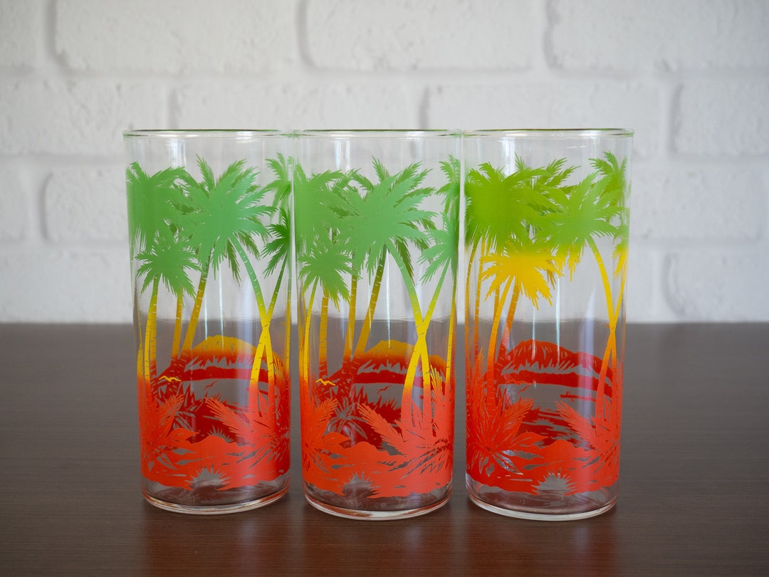 Vintage Palm Tree Drinking Glasses Colorful Tiki Bar Glasses Etsy