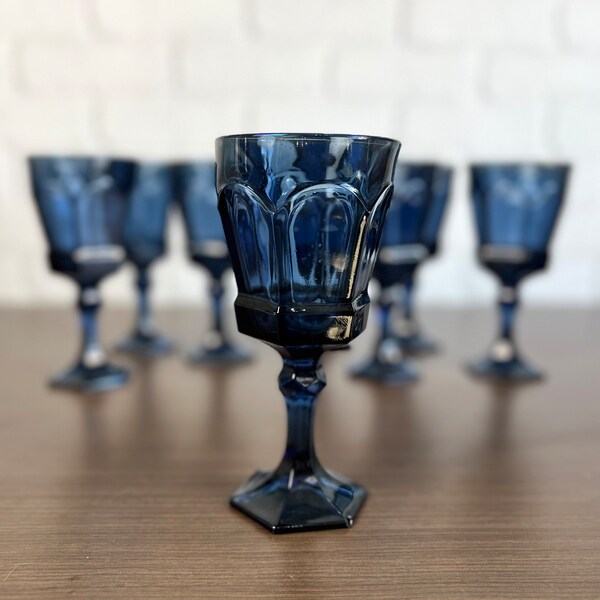 Fostoria Virginia Dark Blue Water Goblets Glassware Set