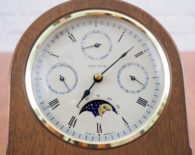 Vintage Hermle Triple Date Moon Phase Wooden Executive Desk Clock