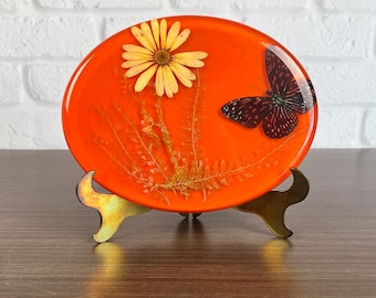 Vintage Oval Trivet, Orange Resin Butterfly Floral Hot Plate, Nature Inspired Bohemian Kitchen Decor