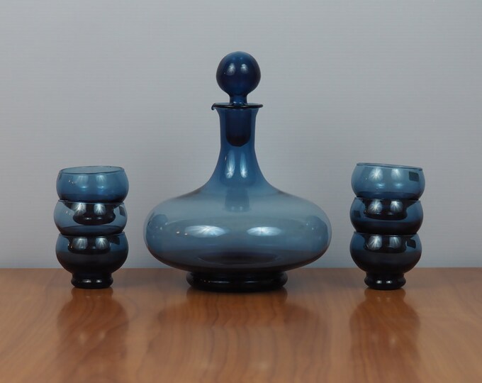 Midcentury Modern Italian Glass Decanter Set // Blue Smoked Etsy