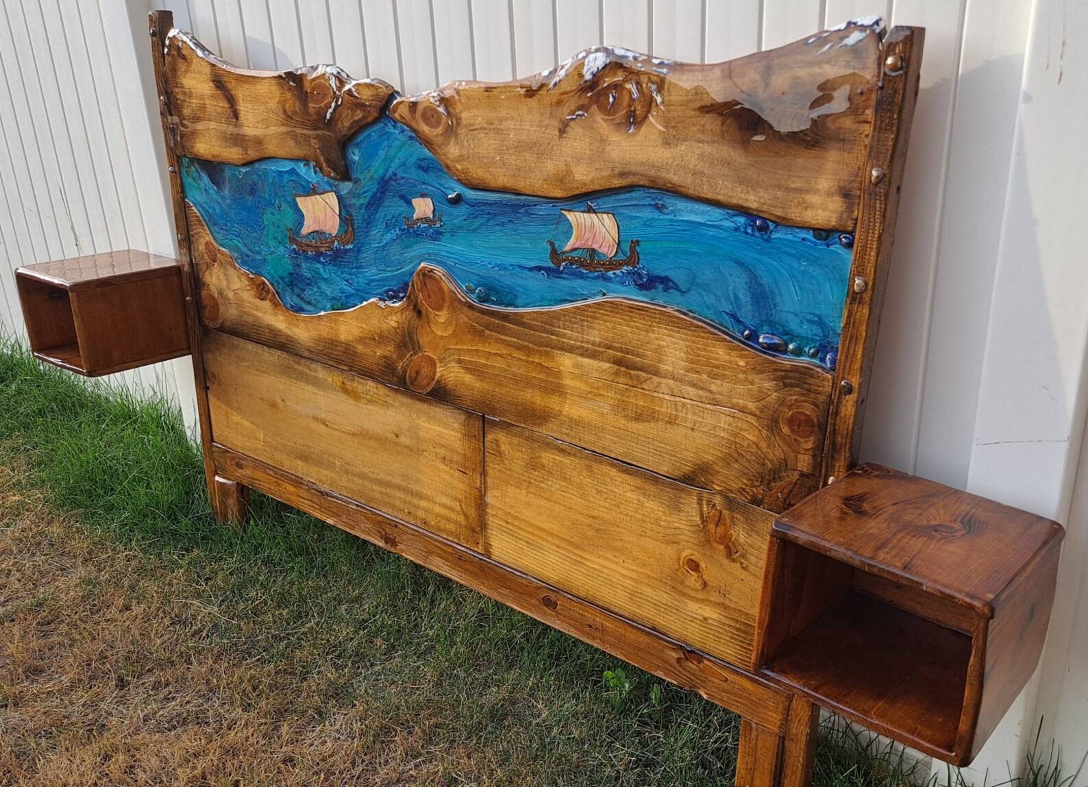 Viking Ship Fjord headboard. Live edge wood slabs and epoxy Etsy