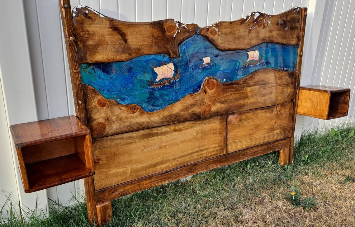 Viking Ship Fjord headboard. Live edge wood slabs and epoxy Etsy