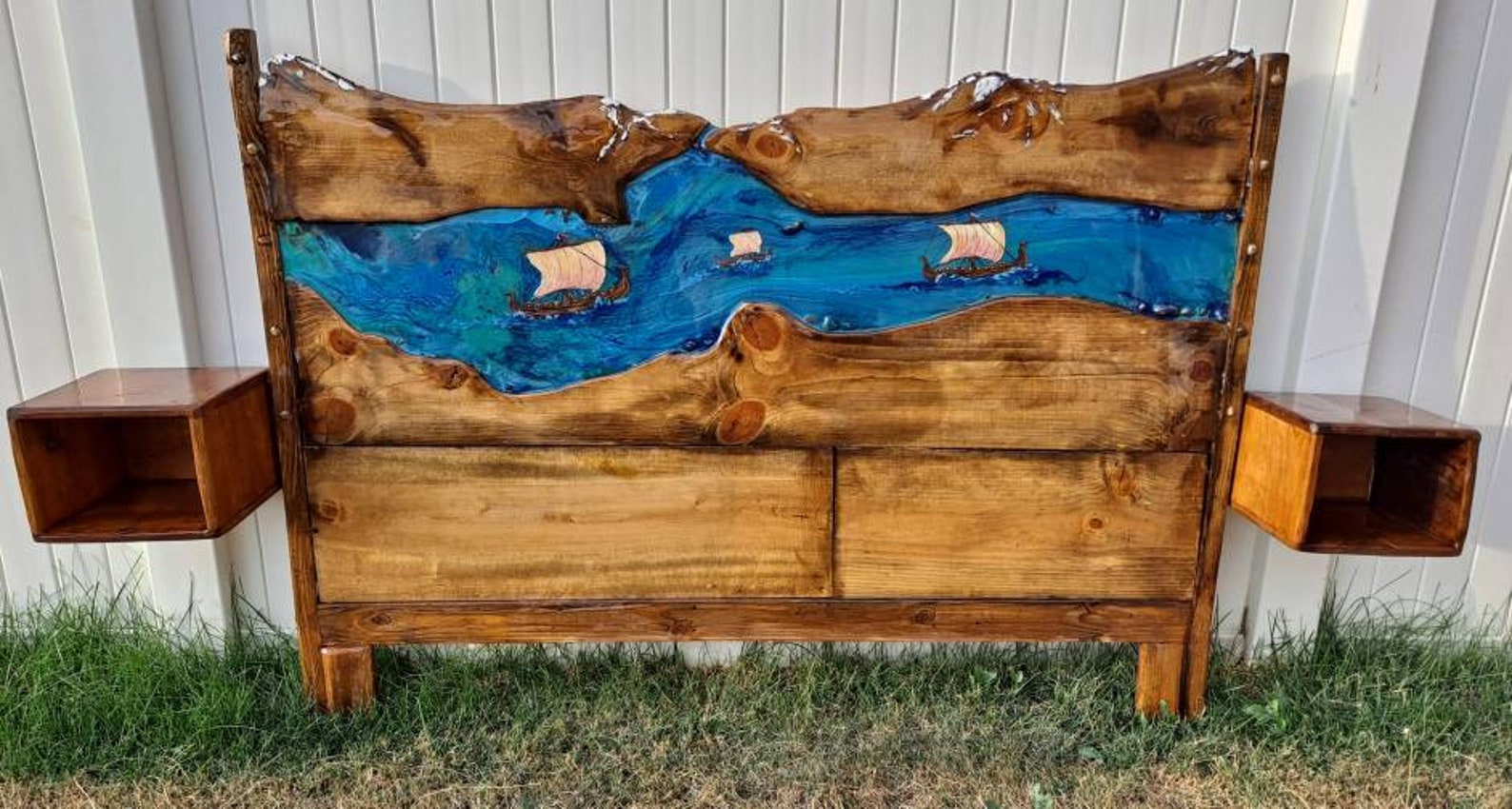 Viking Ship Fjord headboard. Live edge wood slabs and epoxy Etsy
