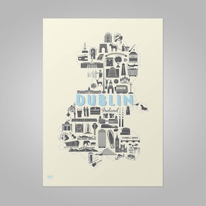 May include: A black and white illustration of the city of Dublin, Ireland, shaped like the country's outline. The illustration is filled with iconic landmarks and symbols, including the Guinness Storehouse, Trinity College, and the Ha'penny Bridge. The text "DUBLIN Ireland" is written in blue at the center of the illustration.