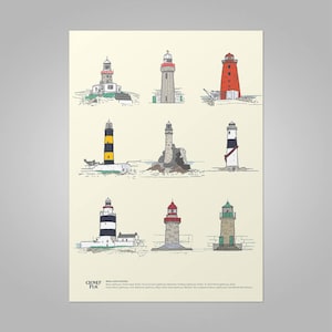 Fari irlandesi, un elegante studio disegnato a mano che sarà un regalo unico. Stampa A4.
