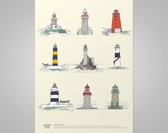 Irish Lighthouses, An Elegant Hand Drawn Study that will make a Unique Gift. A4 Print.