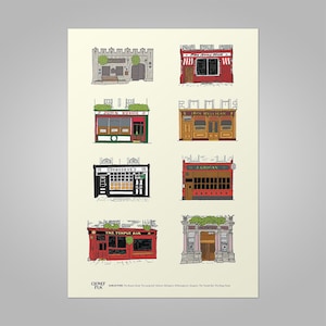 Dublin Pubs Print, including Grogans, The Stags Head and The Long Hall. Irish designed and made in Ireland. The Perfect Gift from Dublin.