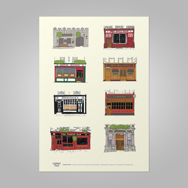 Dublin Pubs Print, darunter Grogans, The Stags Head und The Long Hall. Irisch designed und hergestellt in Irland. Das perfekte Geschenk aus Dublin.