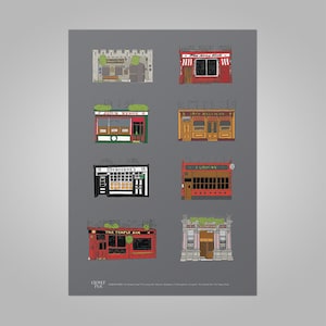 Op de afbeelding: Een digitale illustratie van acht Ierse pubs, waaronder The Long Hall, The Brazen Head, The Temple Bar en O'Donoghue's. De illustratie is in cartoon-stijl en heeft een grijze achtergrond.