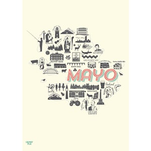 Mayo Icon Print: Un estudio gráfico detallado que representa los muchos monumentos famosos del condado, personas y gemas ocultas