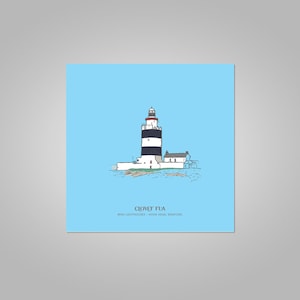 May include: A black and white illustration of a lighthouse on a blue background. The lighthouse is called "Clogher Head" and is located in Hook Head, Wexford, Ireland.