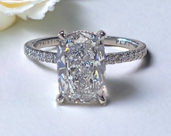 3.01 carat Cushion Cut Lab Grown Diamond, GVS2 Certified Diamond, Platinum Diamond Hidden Halo Engagement Ring, Giftable Rings-In Stock