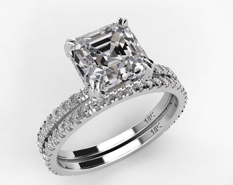 Asscher Cut Engagement Ring Set Pave Diamond Wedding Band Set