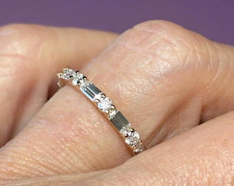 Moissanite Wedding Band: Baguette & Round Stacking Ring, Gold or Platinum