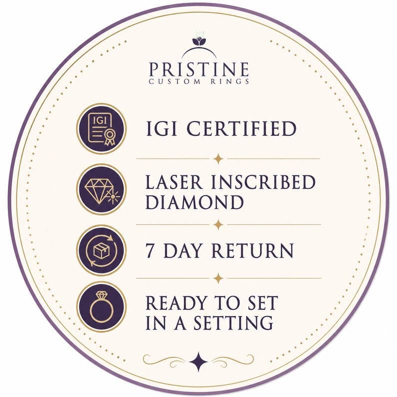 K&ouml;nnte beinhalten: Eine kreisf&ouml;rmige cremefarbene Grafik mit violettem Rand und dem Text PRISTINE CUSTOM RINGS. Sie listet vier Merkmale mit Symbolen auf: IGI CERTIFIED, LASER INSCRIBED DIAMOND, 7 DAY RETURN und READY TO SET IN A SETTING, getrennt durch kleine Sterne.