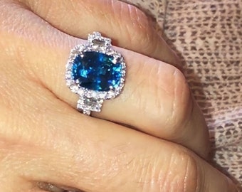 Natural Blue Zircon Engagement Ring, Diamond Halo ,Three stone Anniversary Cocktail Ring, ethically sourced and handcrafted Jewelry