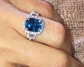 Natural Blue Zircon Engagement Ring, Diamond Halo ,Three stone Anniversary Cocktail Ring, ethically sourced and handcrafted Jewelry