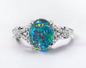Natural Australian Opal Ring, .12ct Genuine Diamonds, Rare Opal Triplet,Fashion Birthstone Anniversary Ring ,Pristine Custom Rings