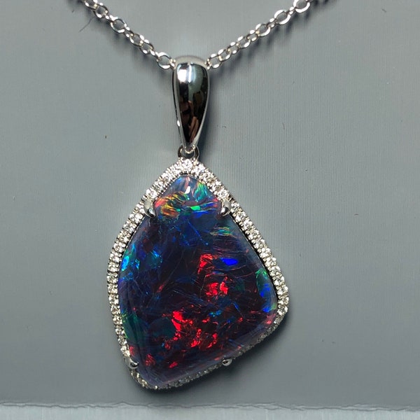 Opal Pendant Necklace ,8.44Carat total weight Diamond Pendant Necklace ,Rare Coober Pedy Mine Freeform Opal,  Pristine Custom Rings