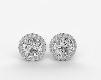 2.0 Carat Diamond  Halo Stud Earrings, Round Certified DEF Color VVS Clarity Moissanite, Pristine Custom Rings is Ethically Sourced