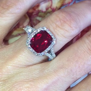3.50 Carat Red Ruby Diamond Engagement Ring, Cushion Cut Ruby Ring, .70ct Diamond Halo Anniversary Birthstone Ring