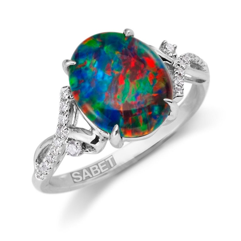 Australian Opal Diamond Ring, .09ct Genuine Diamonds, RARE black Opal Triplet, Fashion Birthstone Anniversary Ring, Pristine Custom Rings Platinum