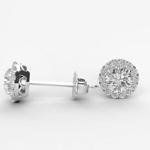 1.50 Carat Lab Grown Diamond Halo Stud Earrings, Round Certified EF Color VVS Clarity, Pristine Custom Rings