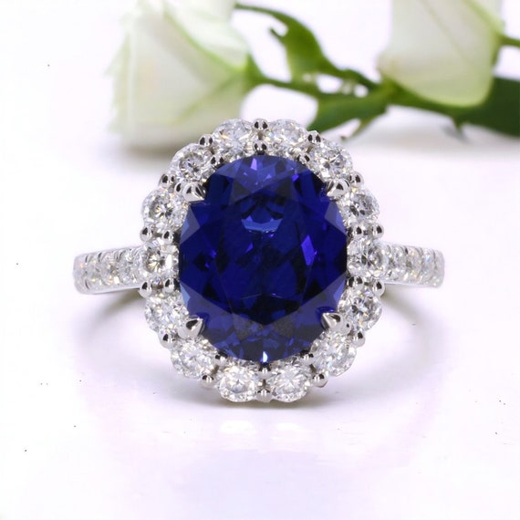 Bague De Fiançailles Halo Or Blanc 14k Avec Saphir Bleu Ovale Créé En Labo - Taille Réglable 4 à 12 US