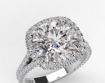 Round Diamond  Halo Engagement Ring, 3.60ct Round Moissanite and 1.85ctw Natural Diamonds, Unique Split Band, ethically sourced jewelry