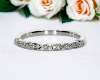 Vintage Style Wedding Band Marquise/ Round Shaped Unique Stackable Wedding Ring, Pristine Custom  Rings