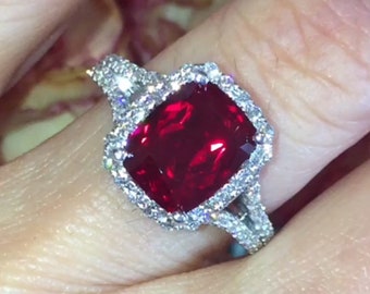 Deep Red Ruby Diamond Engagement Ring, Cushion Cut Ruby Ring, .70ct Diamond Halo Anniversary Birthstone Ring Pristine Custom Rings