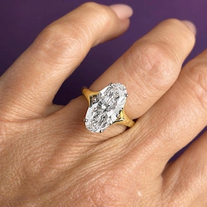 4 Carat RARE Moval Lab Diamond Engagement Ring: 18k Two-Tone Gold Cathedral Setting