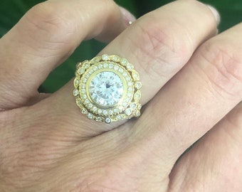 Moissanite Engagement Ring, Diamond Bezel Wedding Ring, Anniversary ,Yellow Gold Ring ,Pristine custom ringsEthically Sourced
