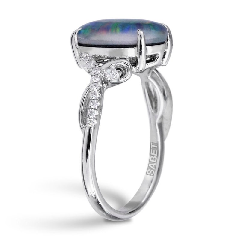 Australian Opal Diamond Ring, .09ct Genuine Diamonds, RARE black Opal Triplet, Fashion Birthstone Anniversary Ring, Pristine Custom Rings 14k white gold