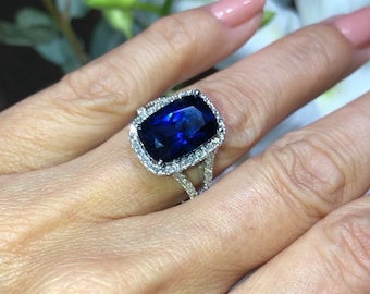 6.50 Carat Cushion Cut Lab Sapphire Ring: Diamond Halo, Split Shank Band