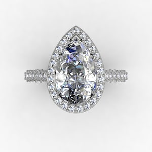 5 carat Pear Shape Diamond Ring Unique Diamond Halo and Triple pave band, White Gold rings-In Stock image 3